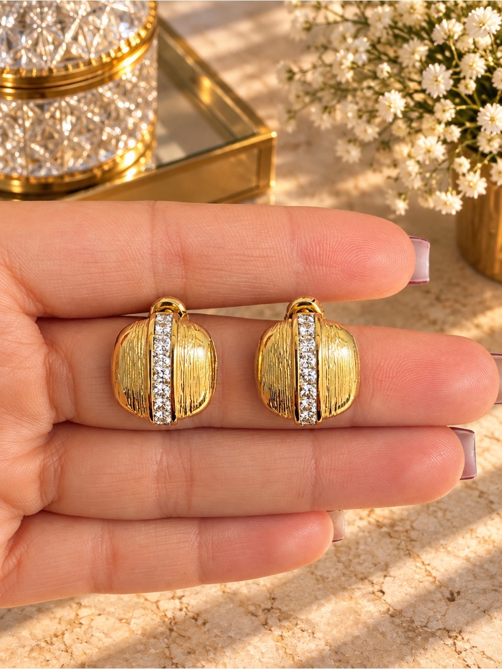 Gold Crystal Accent Dome Earrings
